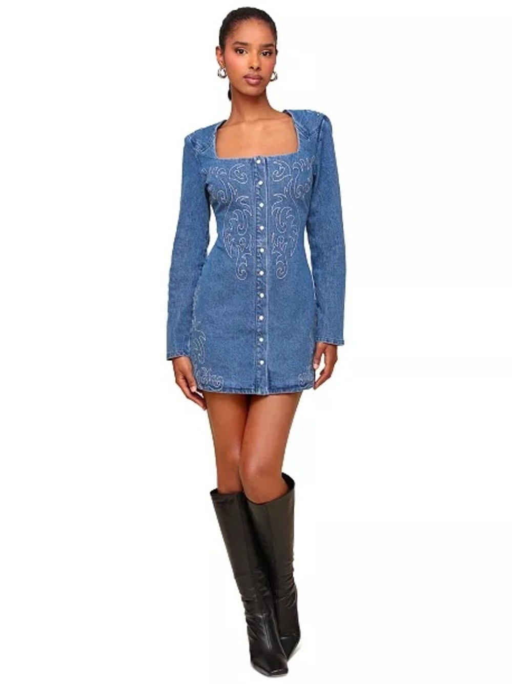 Avec Les Filles Blue Denim Embroidered Button-Front Mini Dress